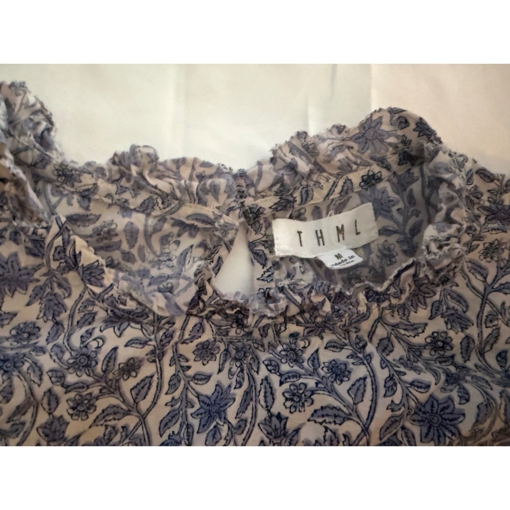 THML Floral Puff Sleeve Ruffle Neck Blouse Blue Pink Orange Size Medium - Picture 2 of 5